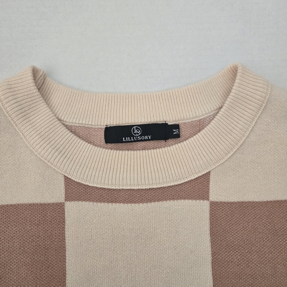 LILLUSORY Women's Oversized Crewneck Ribbed Checkered Sweater MEDIUM - Picture 6 of 12